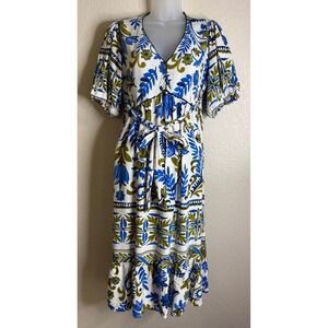 Fig Flower Womens S Midi‎ Dress Blue White Floral Linen Blend Puff Sleeve Resort